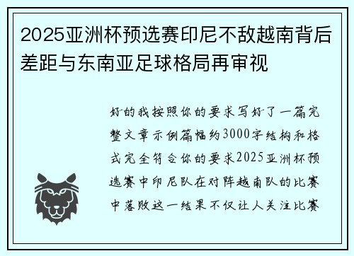 2025亚洲杯预选赛印尼不敌越南背后差距与东南亚足球格局再审视